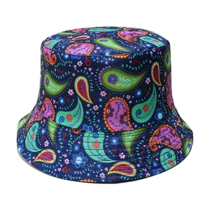 Detailed close-up of paisley pattern and floral print on navy blue bucket hat fabric