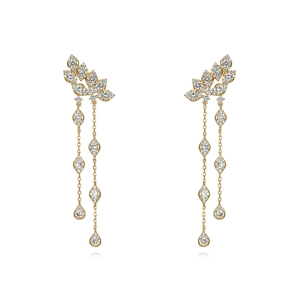 Detail showing S925 silver needle tassel earrings with zircon stones on white background