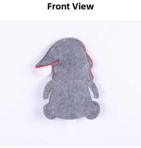 Front view of grey Christmas gnome felt cutlery holder with white pompom detail