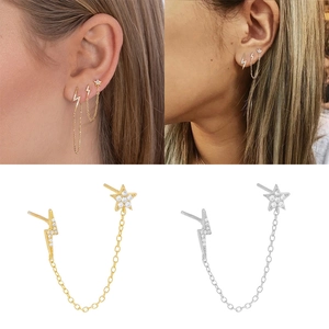 S925 sterling silver star and lightning chain earrings set with cubic zirconia pave