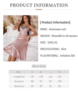 Größentabelle für langes rosa Satin-Nachthemd mit Maßen für die Größen S M L XL