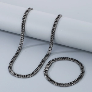 Cuban Link Curb Chain Necklace And Bracelet Jewelry Set Stainless Steel Hip Hop Punk Style Retro Chunky Polished For Men