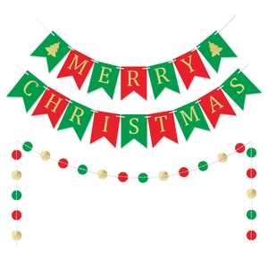 Christmas Banner Merry Christmas Letter Bunting Paper Swallowtail Flag Red Green Gold Round Dots String Party Decoration