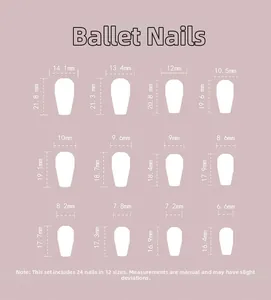 Size chart showing 12 different dimensions for long ballerina press-on nail set