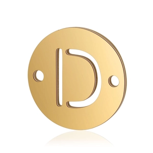 Detailed view of a gold-plated stainless steel round pendant with letter D cutout
