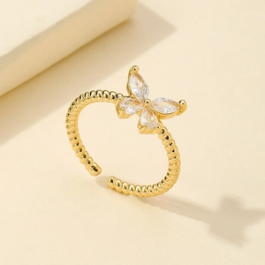 Butterfly Open Ring Gold Plated Copper With Clear Cubic Zirconia Twisted Rope Band Adjustable Jewelry For Women