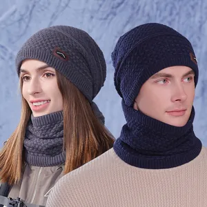 Winter Knitted Hat And Neck Warmer Acrylic Fleece Lined Warm Windproof Outdoor Skiing Casual For Men Women