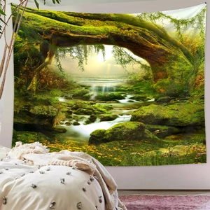 Detailed bedroom scene featuring an aesthetic forest landscape wall tapestry decoration
