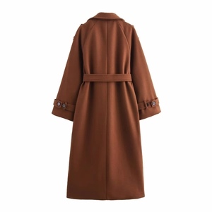 Back view of a long brown wool coat featuring a matching waist belt and cuff strap details