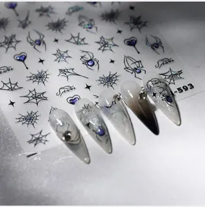 Detailed spider and web nail art stickers with silver jelly finish and 3D relief texture