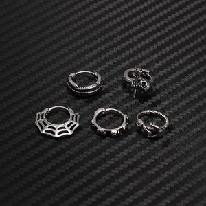 Five-piece set of punk gothic stainless steel hoop earrings with skull and feather designs