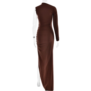 Back view of brown one-shoulder long sleeve dress with high slit and ruched detail