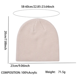 Size specifications for beige knit beanie featuring 100% acrylic material and measurements