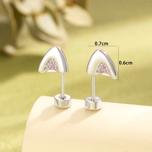 Silver kitten ear studs in polished titanium steel with pink zircons and screw backs