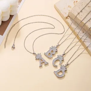 Gold-plated crown initial pendant necklaces with cubic zirconia and stainless steel chain