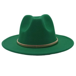 Close-up of emerald green wool fedora with elegant gold metal band decoration
