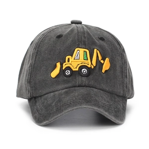 Detail of dark grey washed cotton kids baseball cap with yellow excavator embroidery