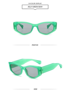 Front and side views of jelly green cat eye sunglasses with grey lenses