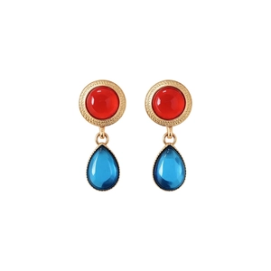Vintage gold earrings with red round and blue teardrop resin stones for women