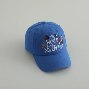 Detailed view of colorful heavy embroidery on a blue cotton kids' baseball cap