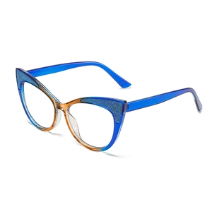 Cat eye blue light glasses with blue and amber gradient frames and glitter accents