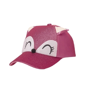 Kids' sequined fox baseball cap in dark pink with cute 3D ears and cartoon animal face