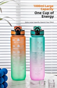 Close-up of 1000ml gradient sports water bottles with time markers and straw lid