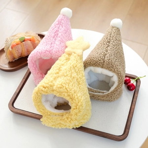 Soft plush pet pointed hats in pink, yellow, and brown for dogs and cats winter warmth