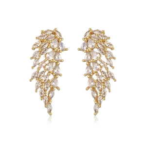 Luxury gold plated irregular geometric feather earrings with clear marquise zircon stones