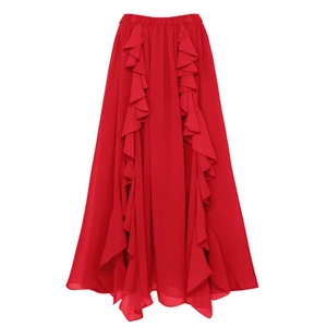 Detail of red chiffon maxi skirt featuring tiered ruffles and elastic waist for a flowing fit
