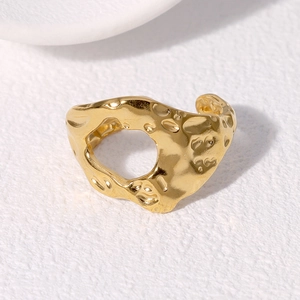 Adjustable gold plated stainless steel ring with asymmetric lava texture for women