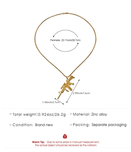 Detailed specs of the gold AK rifle pendant necklace in zinc alloy with dimensions