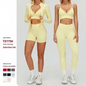 Vêtement De Yoga Sans Couture Femme Côtelé Nylon Spandex Taille Haute Sport Soutien Gorge Veste Leggings Et Shorts