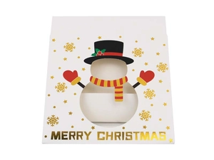 Detail of Christmas gift box with snowman illustration, window cutout and gold foil lettering