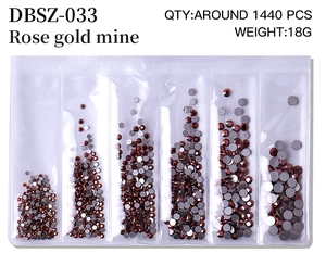 Detail of rose gold crystal rhinestones in six sizes for professional nail art DIY