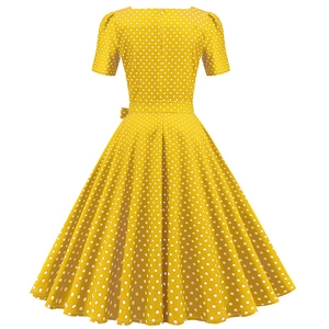 Detailed front view of ginger yellow polka dot midi dress with retro square neck design