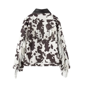 Fashionable cow print fringe jacket with black leather collar in a back view display