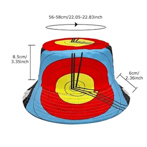 Reversible bucket hat with archery target pattern and detailed size measurements chart