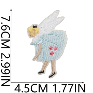 Detail view of flower fairy embroidery patch with measurement 7.6cm x 4.5cm in blue