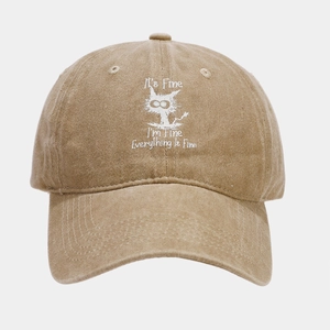 Detail of khaki washed cotton baseball cap with funny cat print and text design