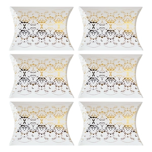 Pack of 6 white pillow gift boxes with elegant gold foil stamped patterns on white background