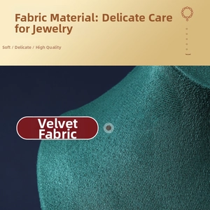 Close-up of teal velvet fabric texture on professional jewelry necklace display stand