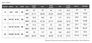 Detailed size guide table for women's printed shirt and shorts set in international units