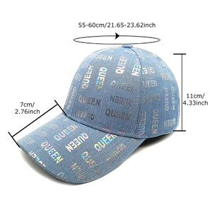 Blue denim baseball cap with iridescent Queen print and detailed size measurements