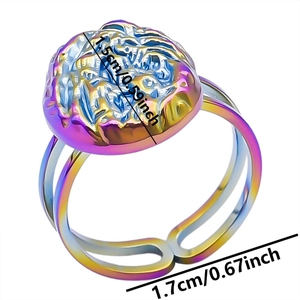 Detail view of iridescent stainless steel ring with 1.5cm textured circular face and open band
