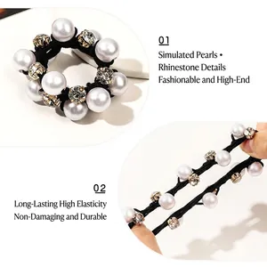Elegant pearl and rhinestone hair tie with high elastic braided black rope for women