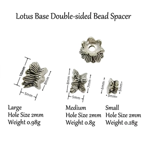 Detailed size comparison of three silver vintage lotus flower spacers for bead DIY