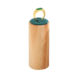 Three-piece solid wood display set for golden rings with green oval gemstone inlay