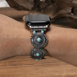 Silver metal smartwatch strap with turquoise stones in a retro bohemian style design