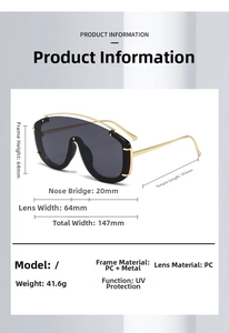 Detailed size parameters of trendy oversized shield sunglasses with metal temples